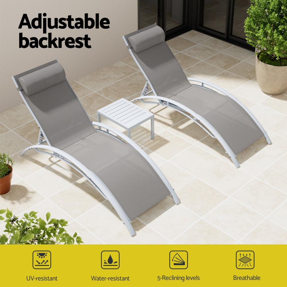 3PC Sun Lounge Outdoor Lounger Table Chairs Steel Patio Furniture Garden