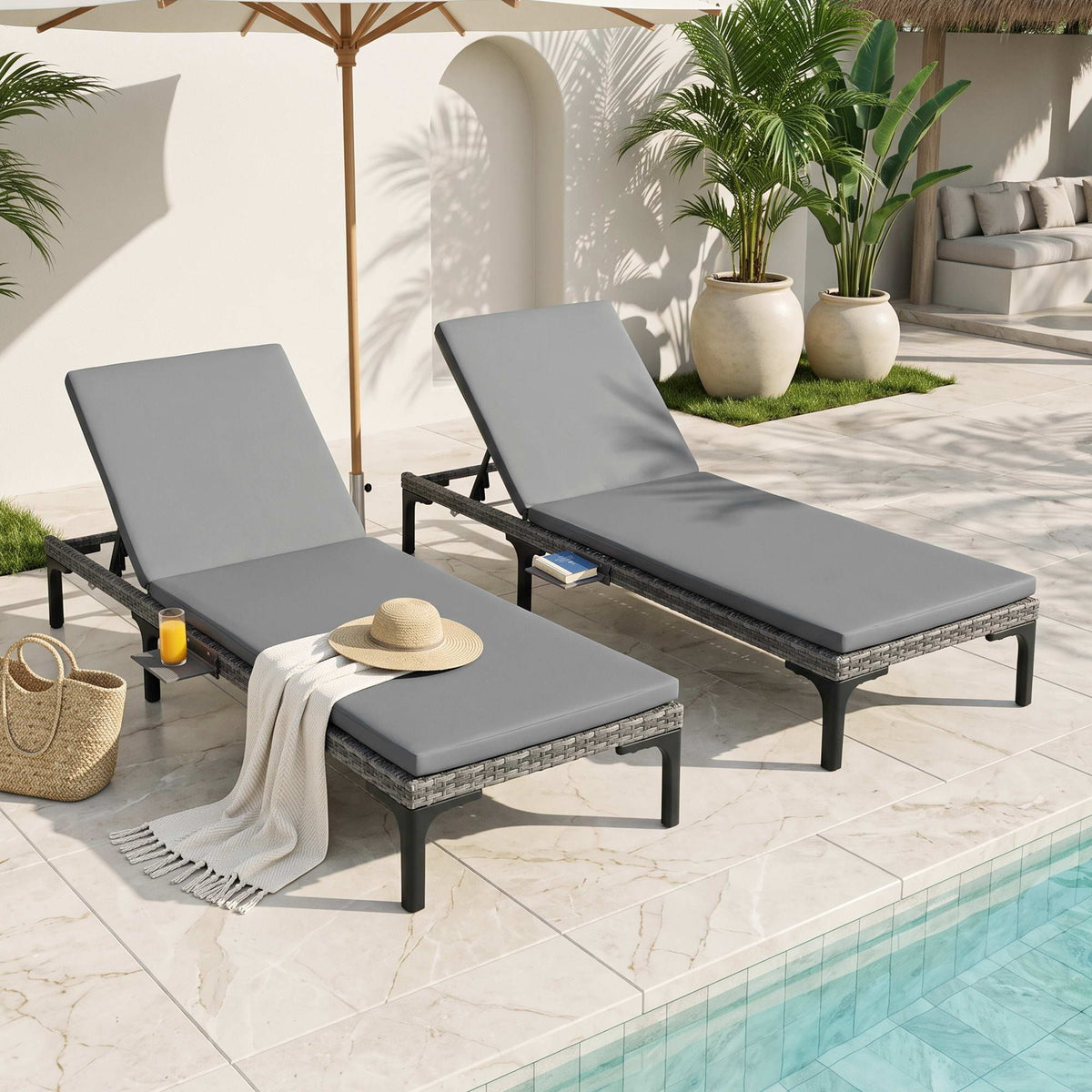 2PC Sun Lounger PE Rattan Recliners with Cup Holder, Cushion & Rain Cover - Grey