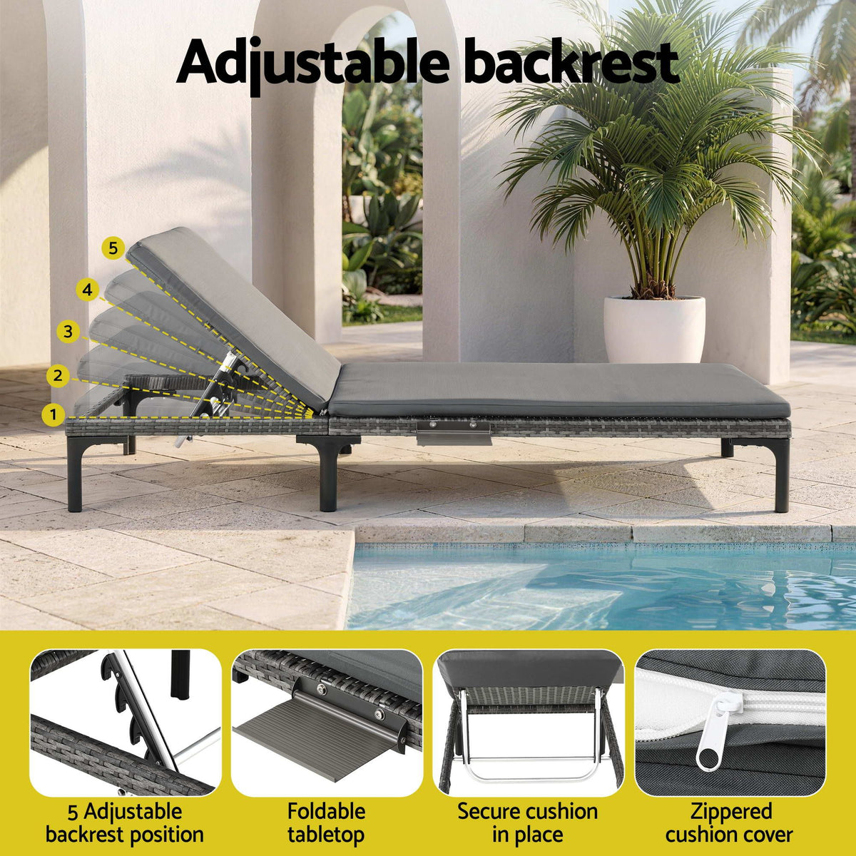 2PC Sun Lounger PE Rattan Recliners with Cup Holder, Cushion & Rain Cover - Grey