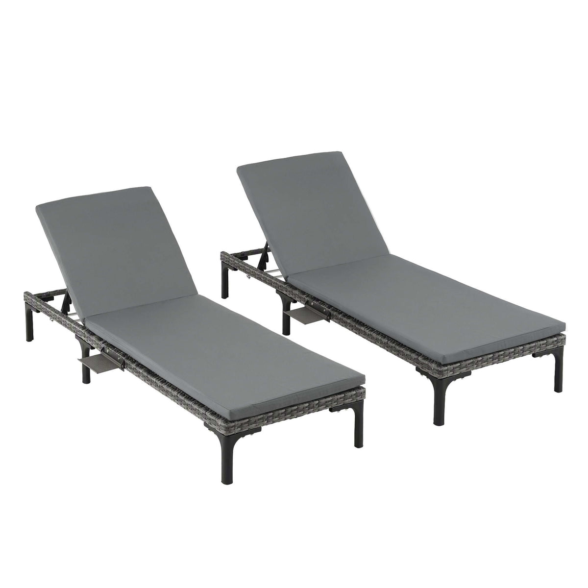 2PC Sun Lounger PE Rattan Recliners with Cup Holder, Cushion & Rain Cover - Grey