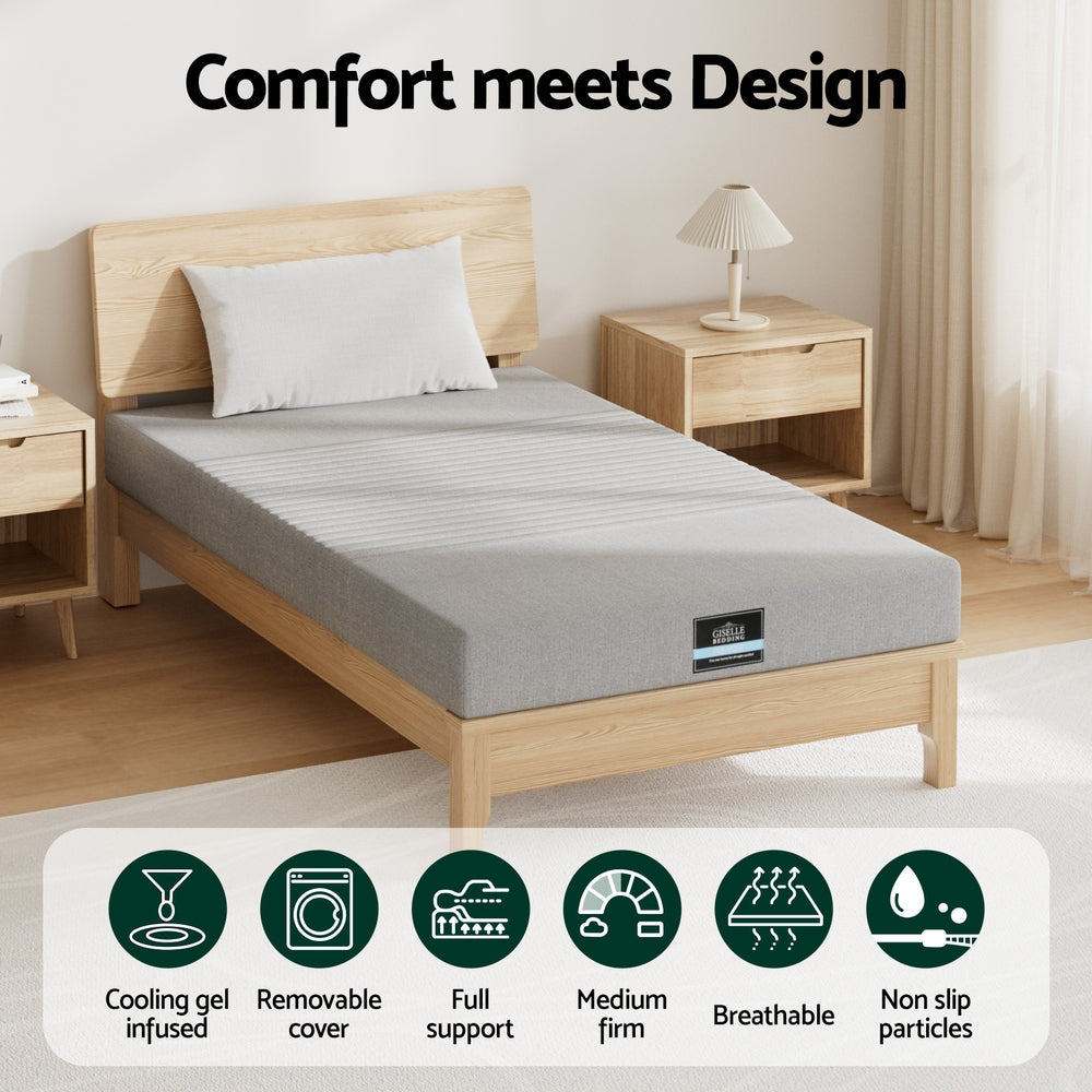 Cool Gel Memory Foam Mattress Charcoal 7-Zone Washable Bamboo Cover 15cm King Single on wooden bed frame in bedroom setting