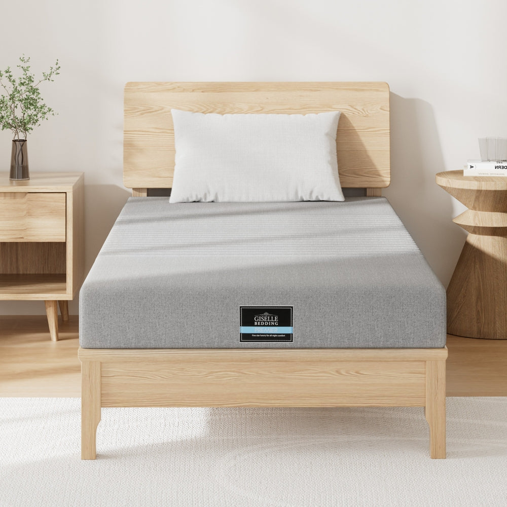 Cool Gel Memory Foam Mattress Charcoal 7-Zone Washable Bamboo Cover 15cm King Single on wooden bed frame in bedroom setting