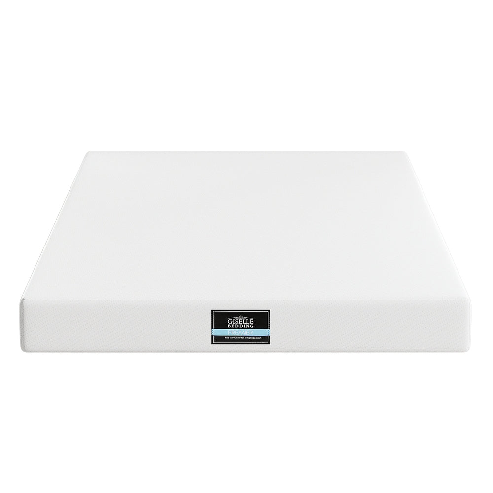 20cm Memory Foam Mattress Green Tea Double with white cover and Bedzy label, shown on white background