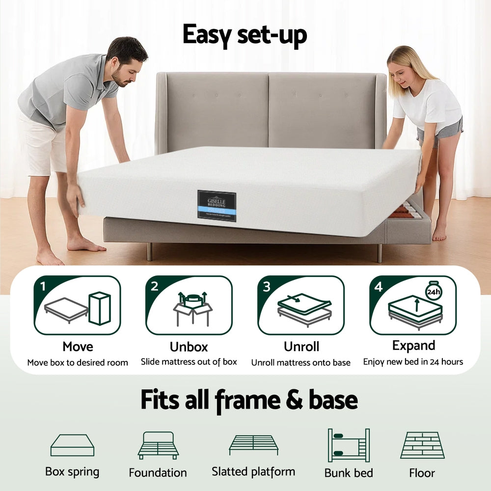 Couple setting up 20cm Memory Foam Mattress Green Tea Double on bed frame with easy step-by-step instructions below