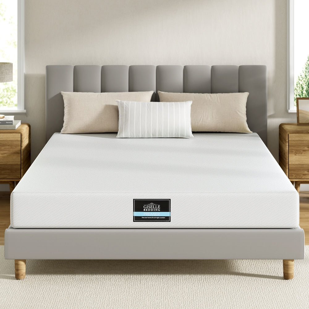 20cm Memory Foam Mattress Green Tea Double on gray upholstered bed frame with pillows in modern bedroom setting