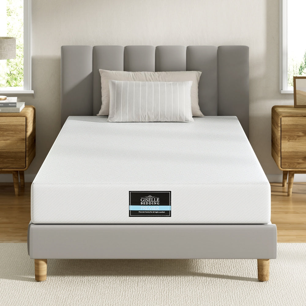 20cm Memory Foam Mattress Green Tea King Single on gray bed frame with upholstered headboard and wooden legs, bedroom setting