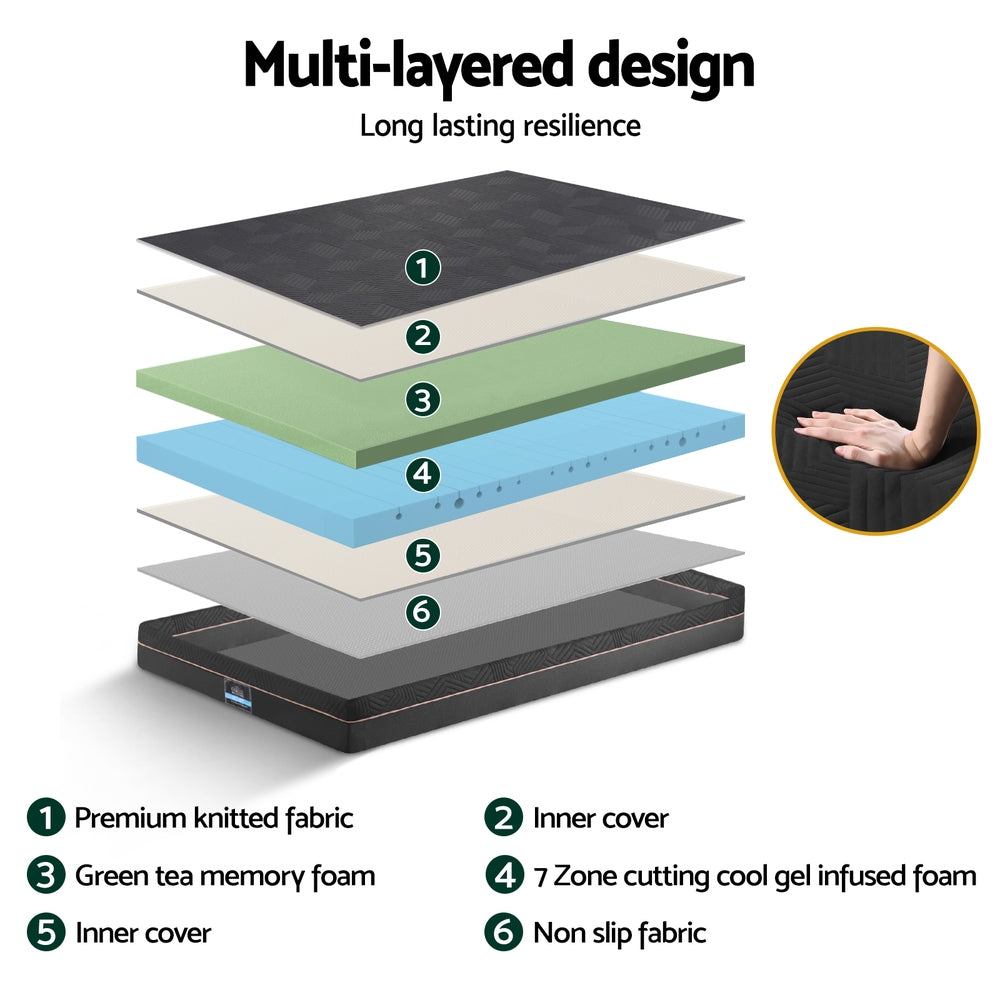 18cm Memory Foam Mattress Green Tea Foam Cool Gel Foam Mattresses King Single with multi-layer design and premium knitted fabric layers