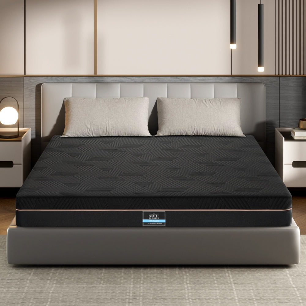 18cm Memory Foam Mattress Green Tea Foam Cool Gel Foam Mattresses Queen on gray upholstered bed frame in modern bedroom setting