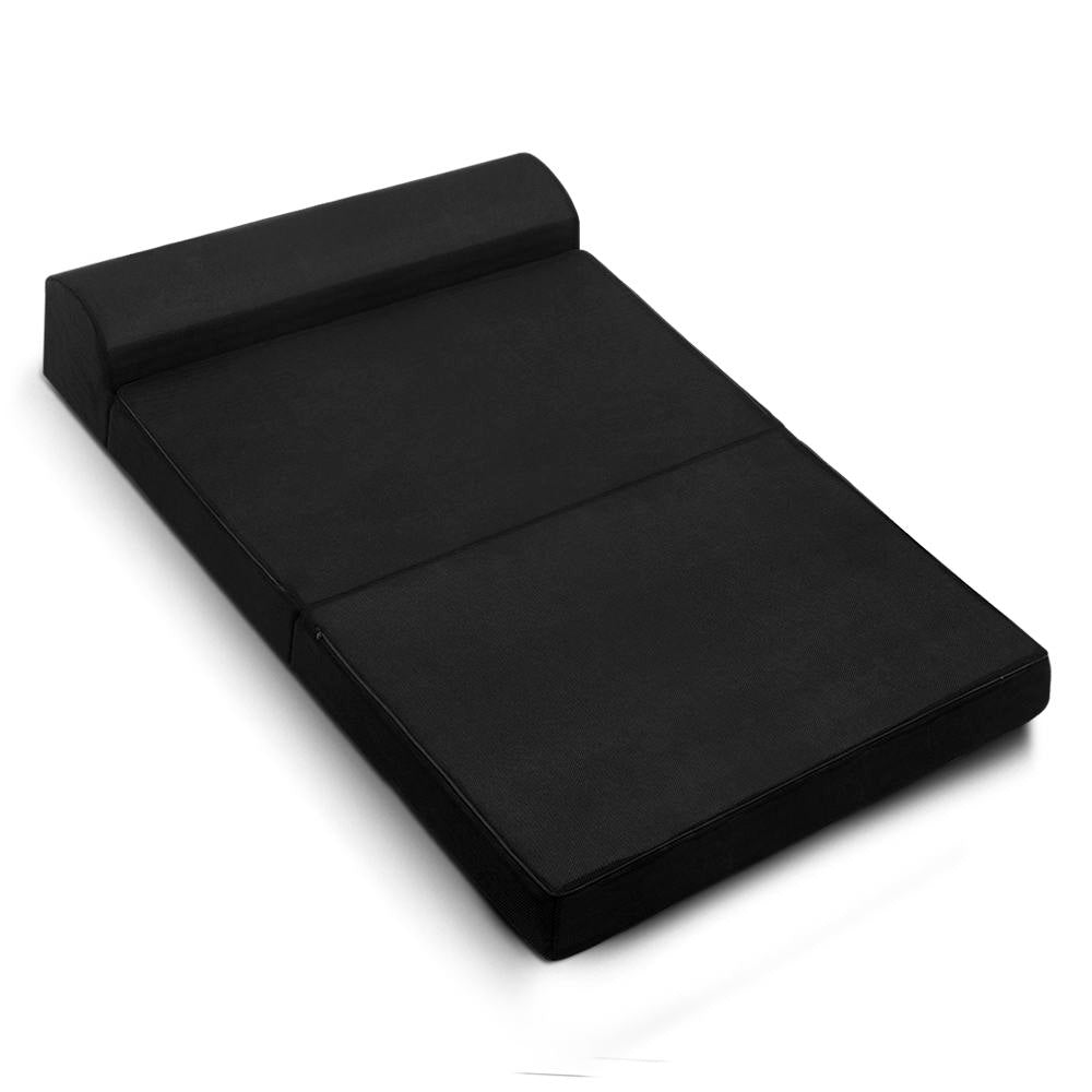 Folding Foam Mattress Portable Double Sofa Bed Mat Air Mesh Fabric Black unfolded flat with headrest cushion on white background