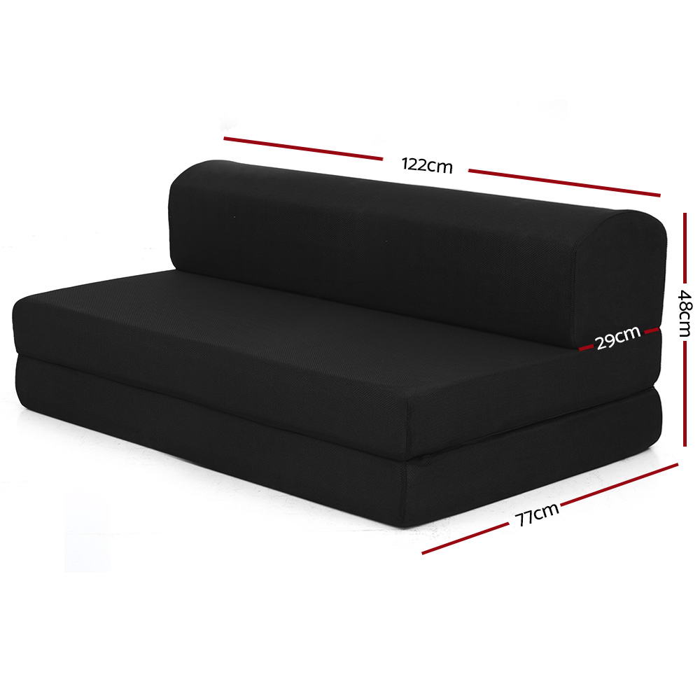 Folding Foam Mattress Portable Double Sofa Bed Mat Air Mesh Fabric Black displayed with dimensions on white background
