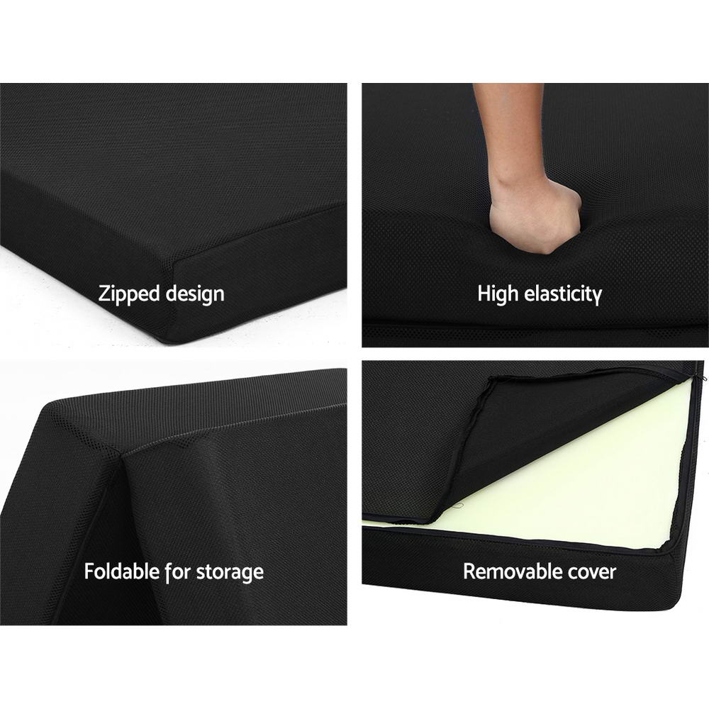 Folding Foam Mattress Portable Double Sofa Bed Mat Air Mesh Fabric Black showing zipped cover, foldable design, elasticity, and removable cover features