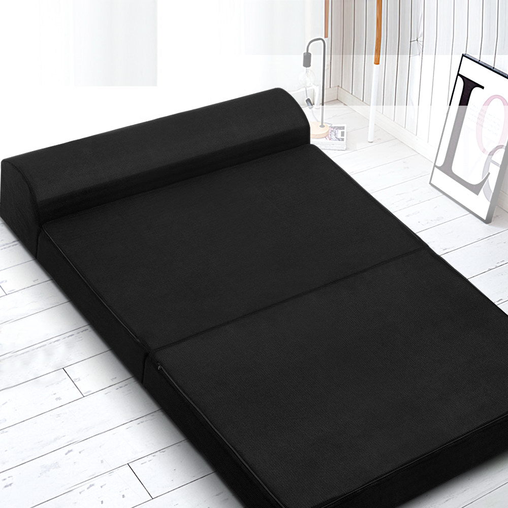 Folding Foam Mattress Portable Double Sofa Bed Mat Air Mesh Fabric Black shown folded flat on white wooden floor in modern room