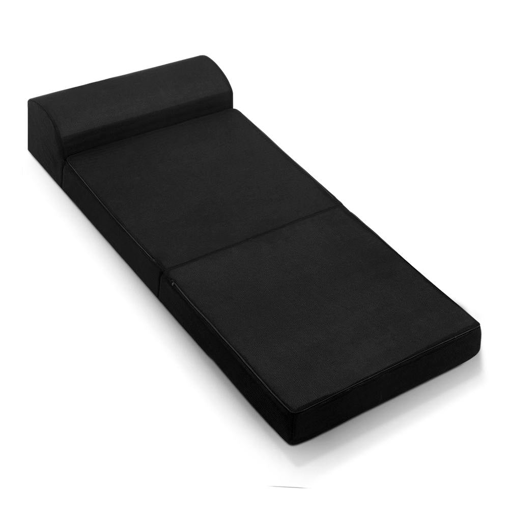 Folding Foam Mattress Portable Single Sofa Bed Mat Air Mesh Fabric Black in flat position with headrest on white background