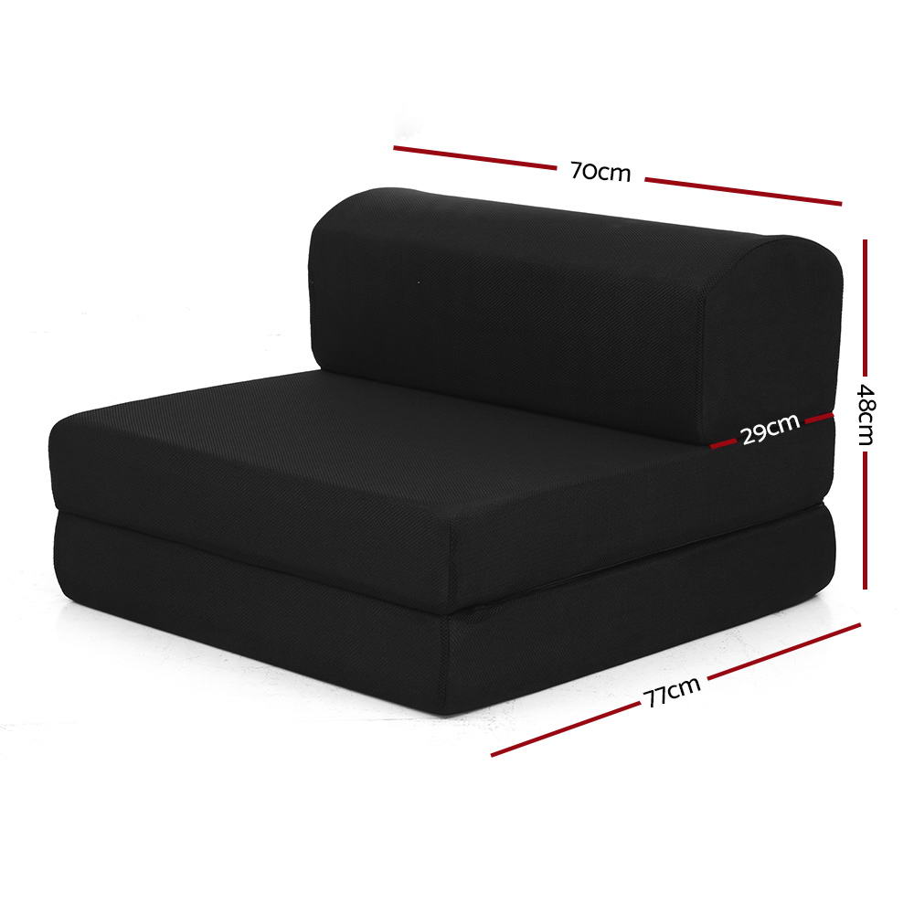 Folding Foam Mattress Portable Single Sofa Bed Mat Air Mesh Fabric Black shown folded as compact single sofa seat with measurements