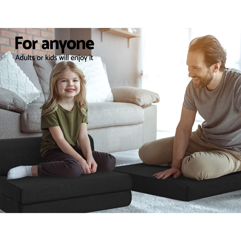 Folding Foam Mattress Portable Single Sofa Bed Mat Air Mesh Fabric Black shown with adult and child sitting on floor cushions