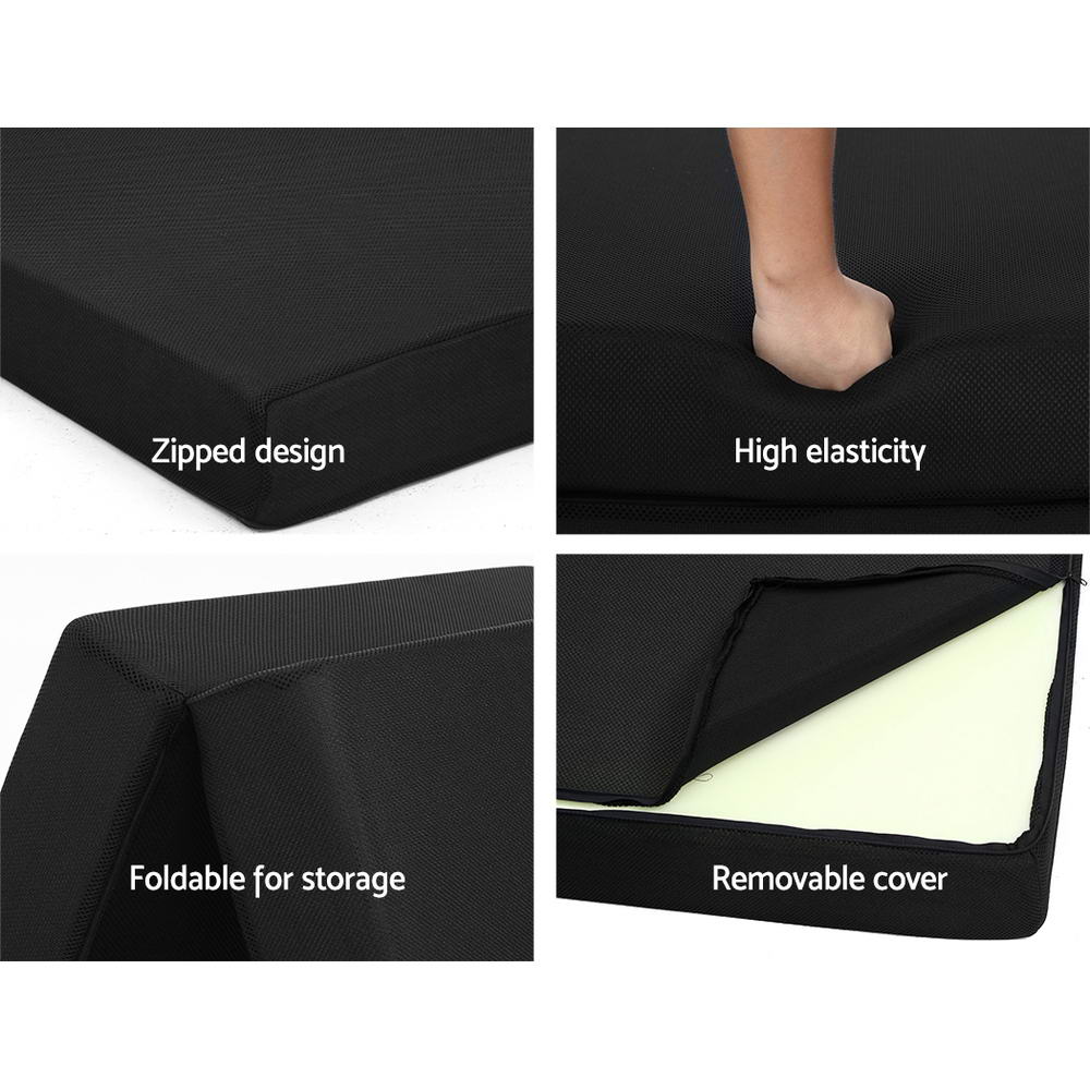 Folding Foam Mattress Portable Single Sofa Bed Mat Air Mesh Fabric Black showing foldable design, high elasticity, and removable cover features