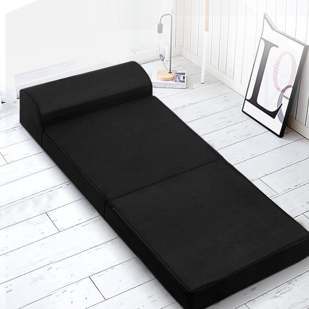 Folding Foam Mattress Portable Single Sofa Bed Mat Air Mesh Fabric Black shown unfolded on white wooden floor with modern decor