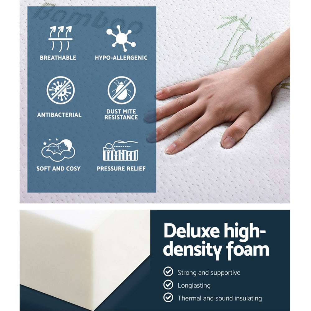 Portable Mattress Folding Foldable Foam Floor Bed Tri Fold 180cm showing hypoallergenic, breathable fabric and high-density foam features