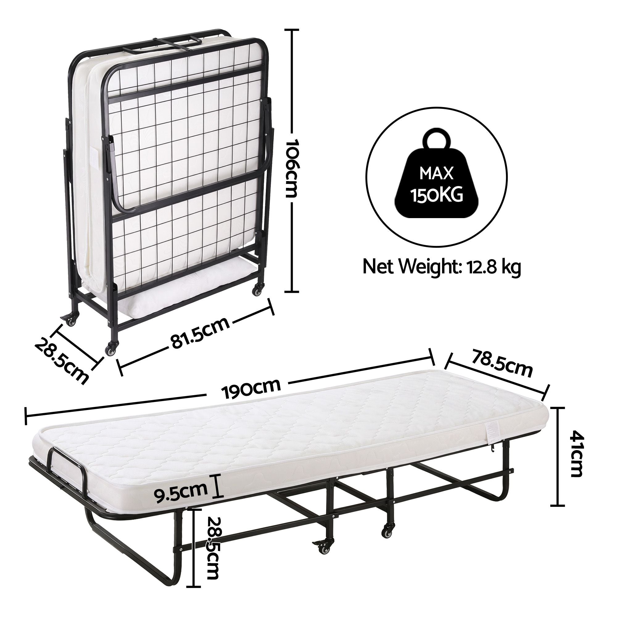 Folding Bed with Mattress, Portable Rollaway 150kg Capacity 190CM