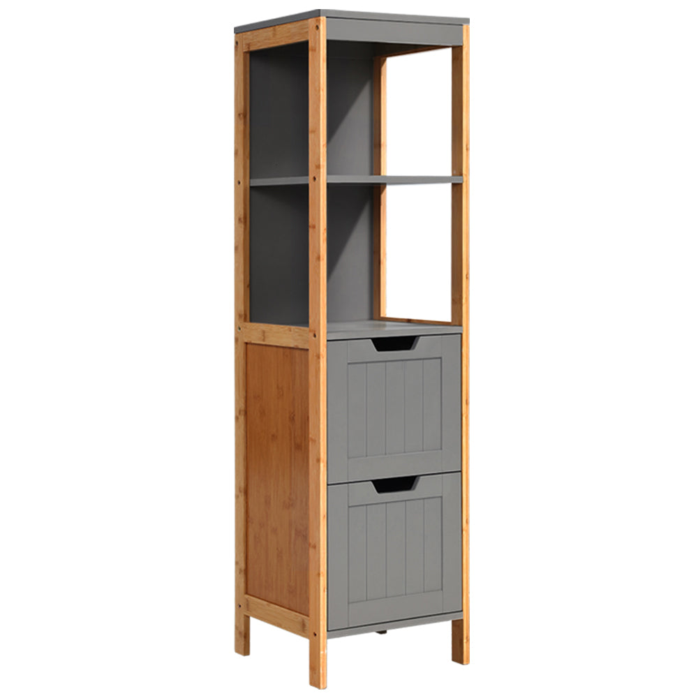 Bathroom Cabinet 115cm Bamboo Shelf with gray shelving and storage drawers, slim design for bathroom storage space saving