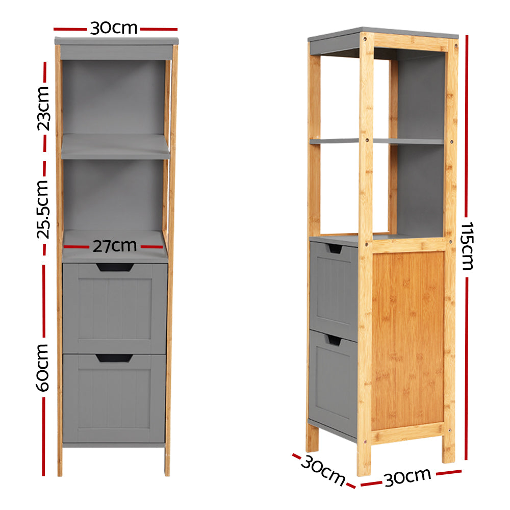 Bathroom Cabinet 115cm Bamboo Shelf with gray storage drawers and open shelves, slim space-saving bathroom furniture