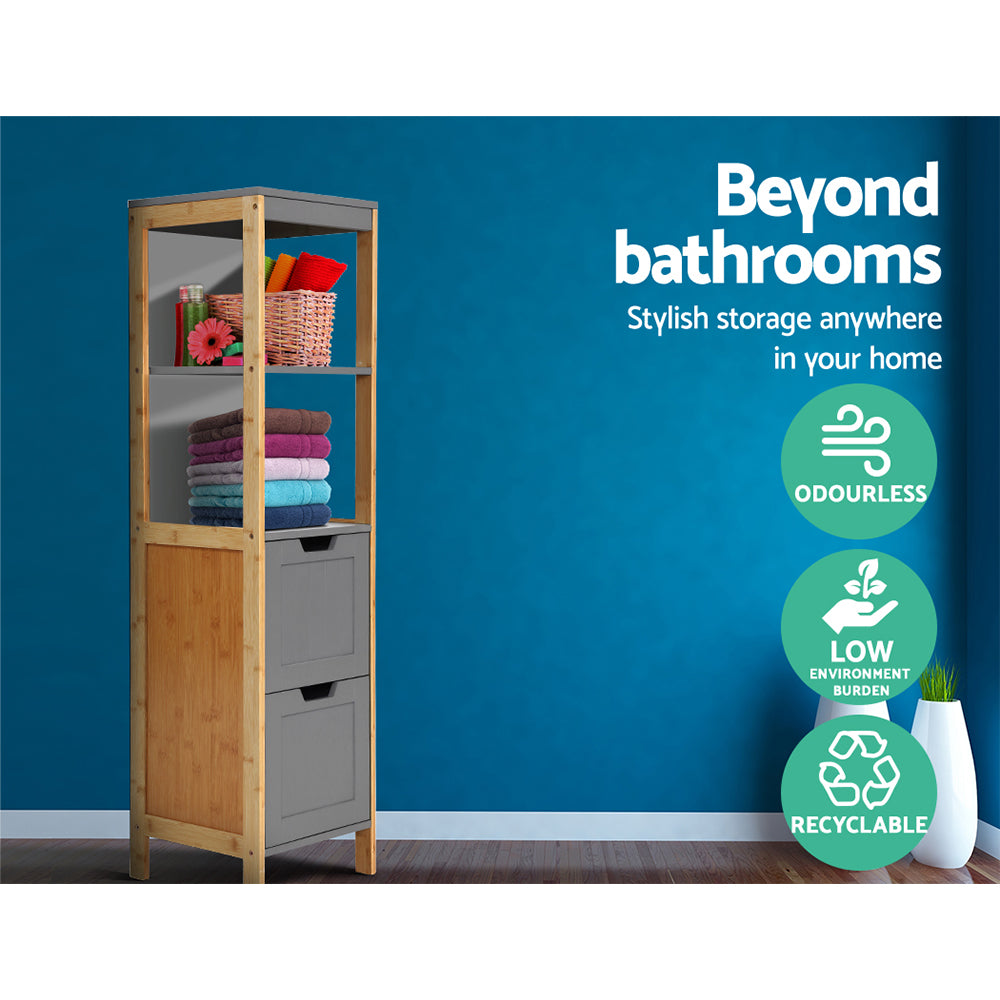 Bathroom Cabinet 115cm Bamboo Shelf with open shelves and drawers, shown with towels and decorative items on blue background