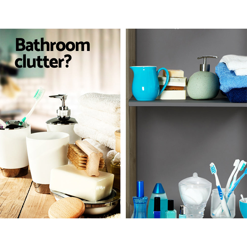 Bathroom Cabinet 115cm Bamboo Shelf with toiletries, towels, and bathroom essentials neatly arranged on shelves and countertop