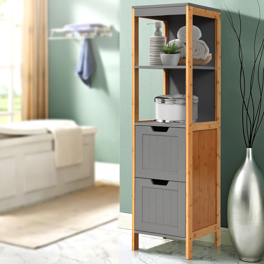 Bathroom Cabinet 115cm Bamboo Shelf with gray storage drawers and open shelves, shown in a bathroom setting