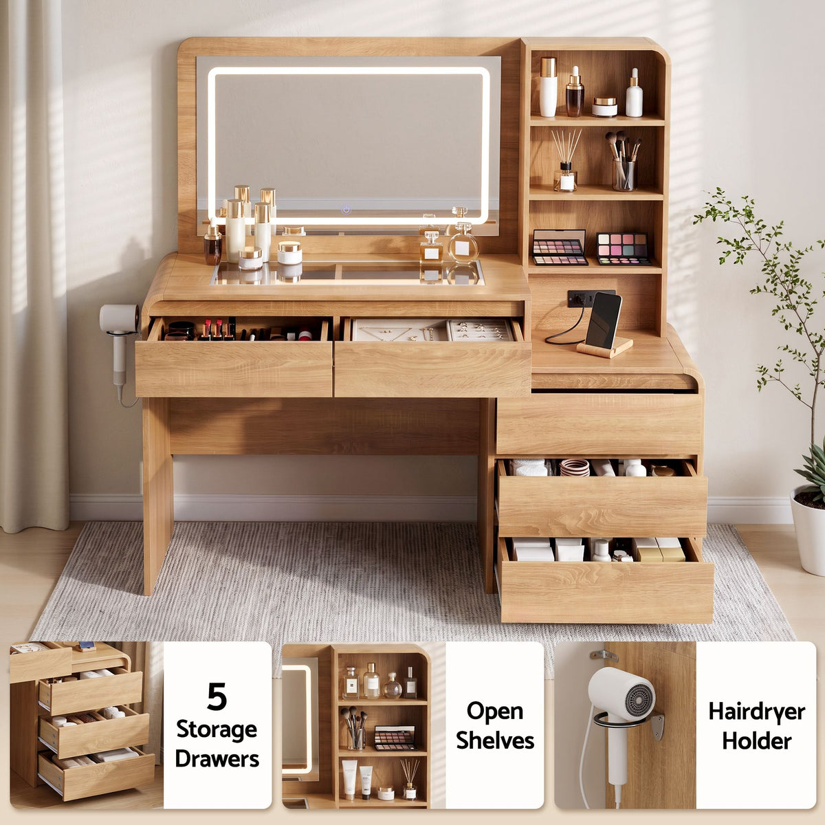Dressing Table Makeup Vanity Desk with LED Mirror, Drawers & Charging Station - Wood