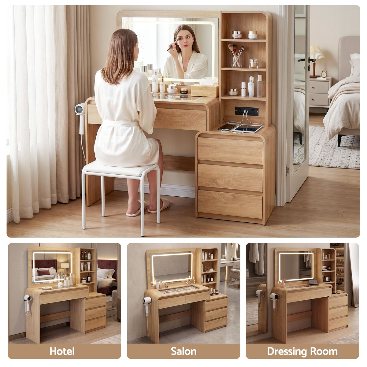 Dressing Table Makeup Vanity Desk with LED Mirror, Drawers & Charging Station - Wood