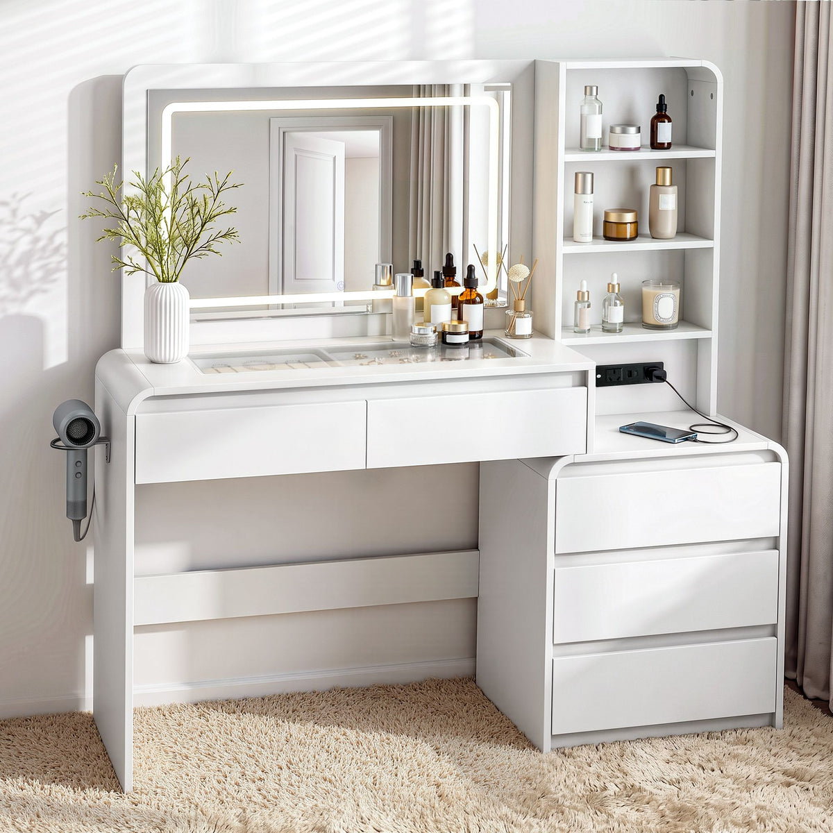 Dressing Table Makeup Vanity Desk with LED Mirror, Drawers & Charging Station - White