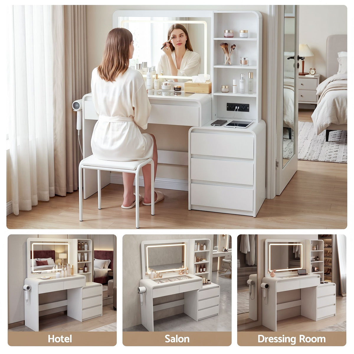 Dressing Table Makeup Vanity Desk with LED Mirror, Drawers & Charging Station - White