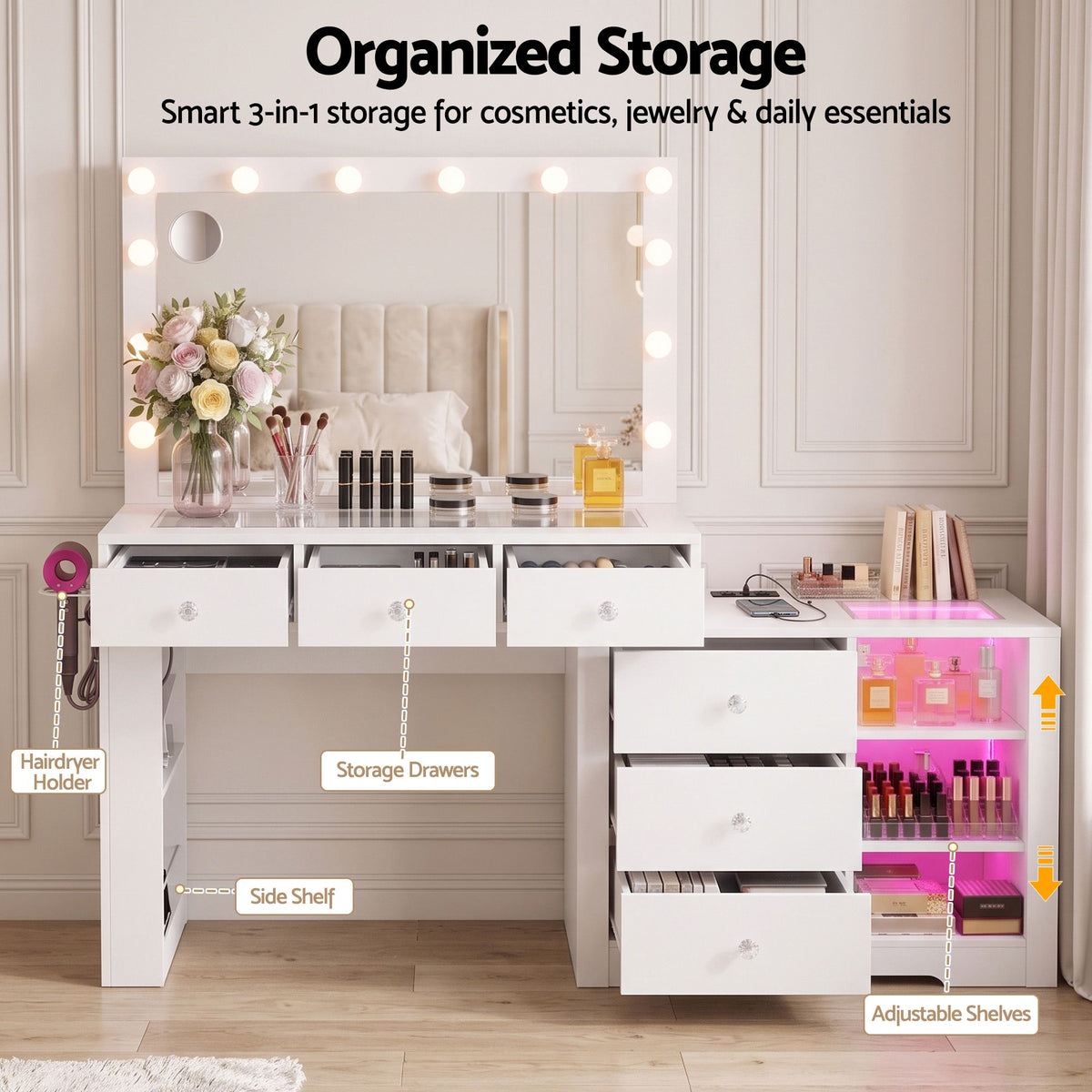 Dressing Table Makeup Vanity Desk with LED Mirror, Charging Station & Storage Drawers - White