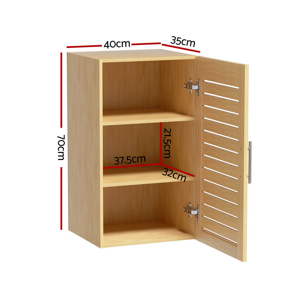 Bathroom Storage Cabinet 70cm Medicine 2 Tier Shelf Wall Mounted JILL with one open door and dimensions shown in wood finish