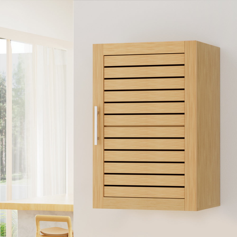 Bathroom Storage Cabinet 70cm Medicine 2 Tier Shelf Wall Mounted JILL in light wood finish with slatted door and metal handle
