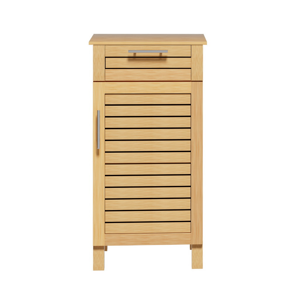 Bathroom Cabinet Storage 90cm wooden JILL with slatted door, drawer, and metal handles in light wood finish on white background