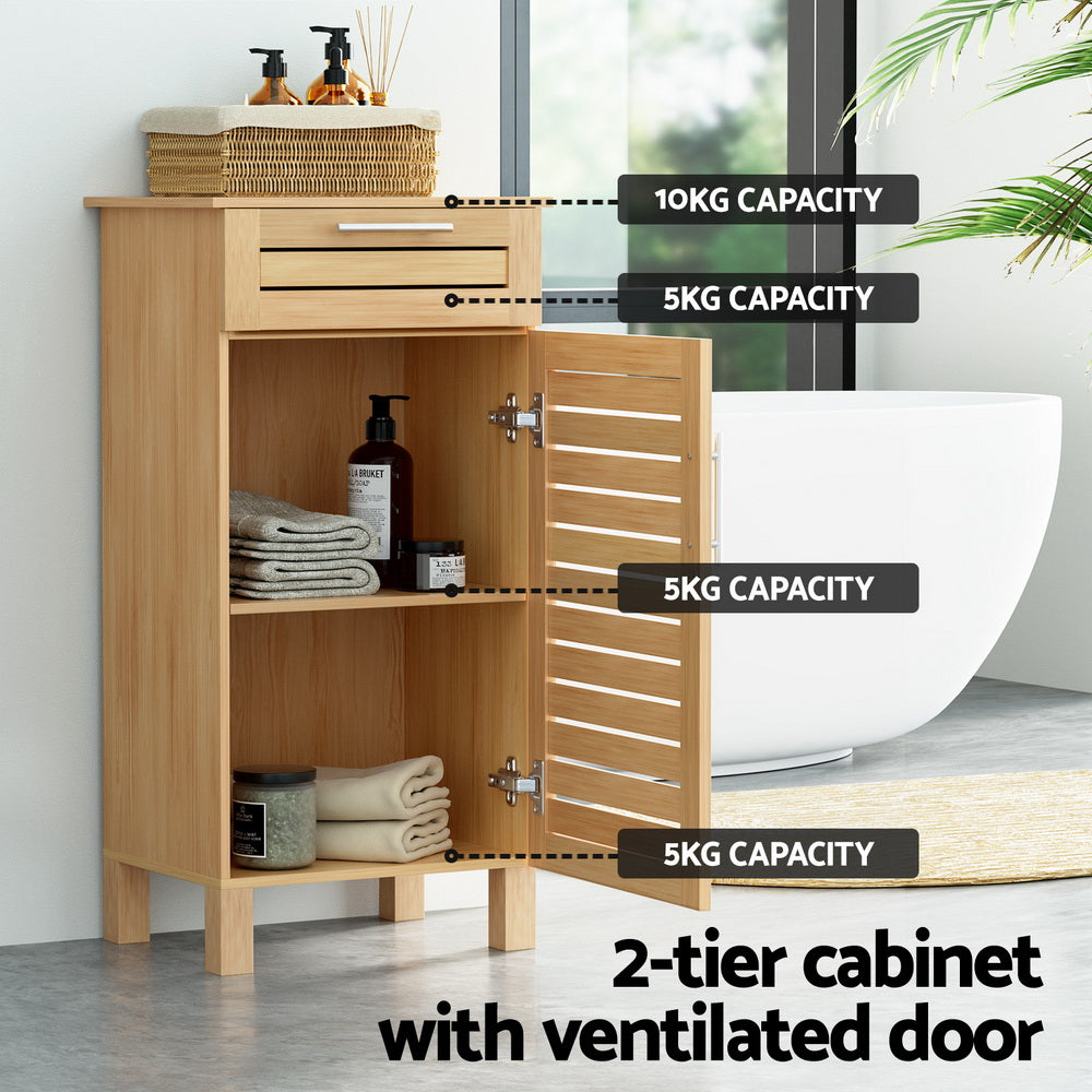 Bathroom Cabinet Storage 90cm wooden JILL with two-tier storage, ventilated door, and shelves holding towels and toiletries