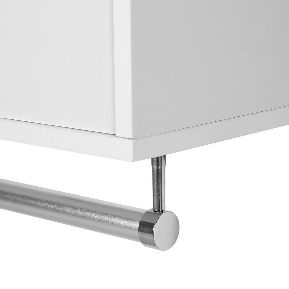 Close-up of bathroom storage cabinet wall mounted cupboard vanity medicine organiser corner and metal bar detail in white finish