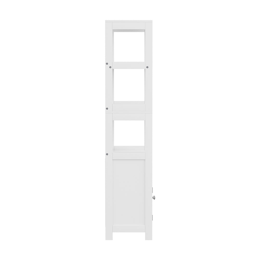 Bathroom Floor Storage Cabinet with 2 Drawers 3 Open Shelves 2 Doors White shown from side view on white background