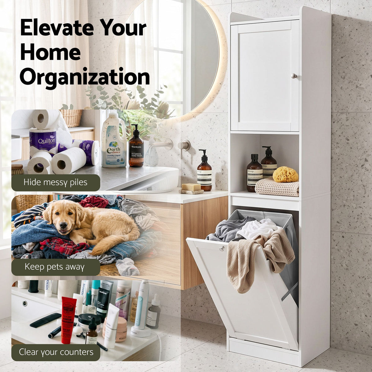 Tall Bathroom Storage Cabinet with Tilt-Out Laundry Hamper 170cm - White