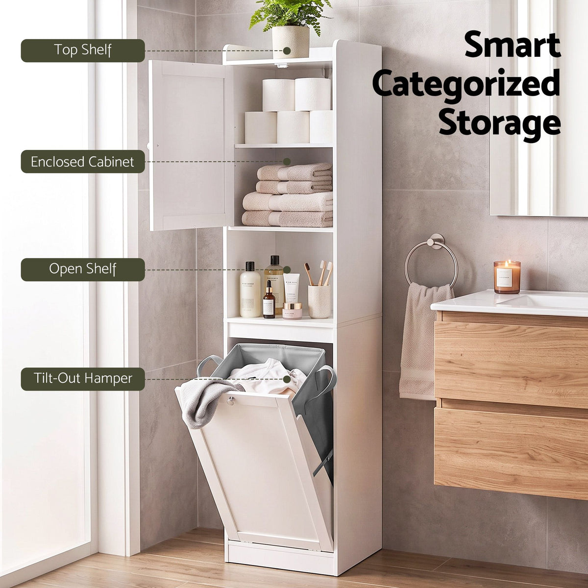 Tall Bathroom Storage Cabinet with Tilt-Out Laundry Hamper 170cm - White