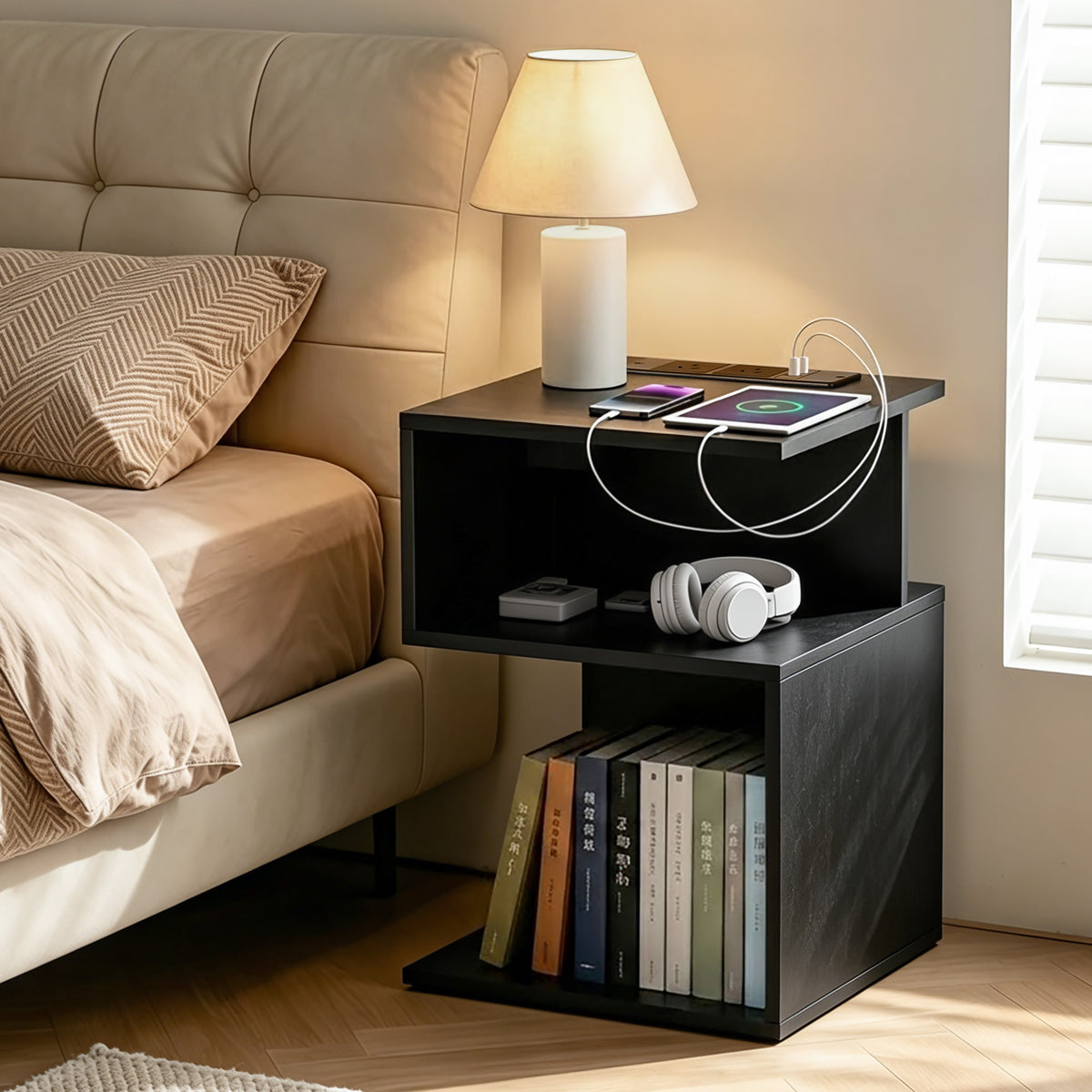 Bedside Table with 2 Shelves and S-Shaped Charging Station - Black