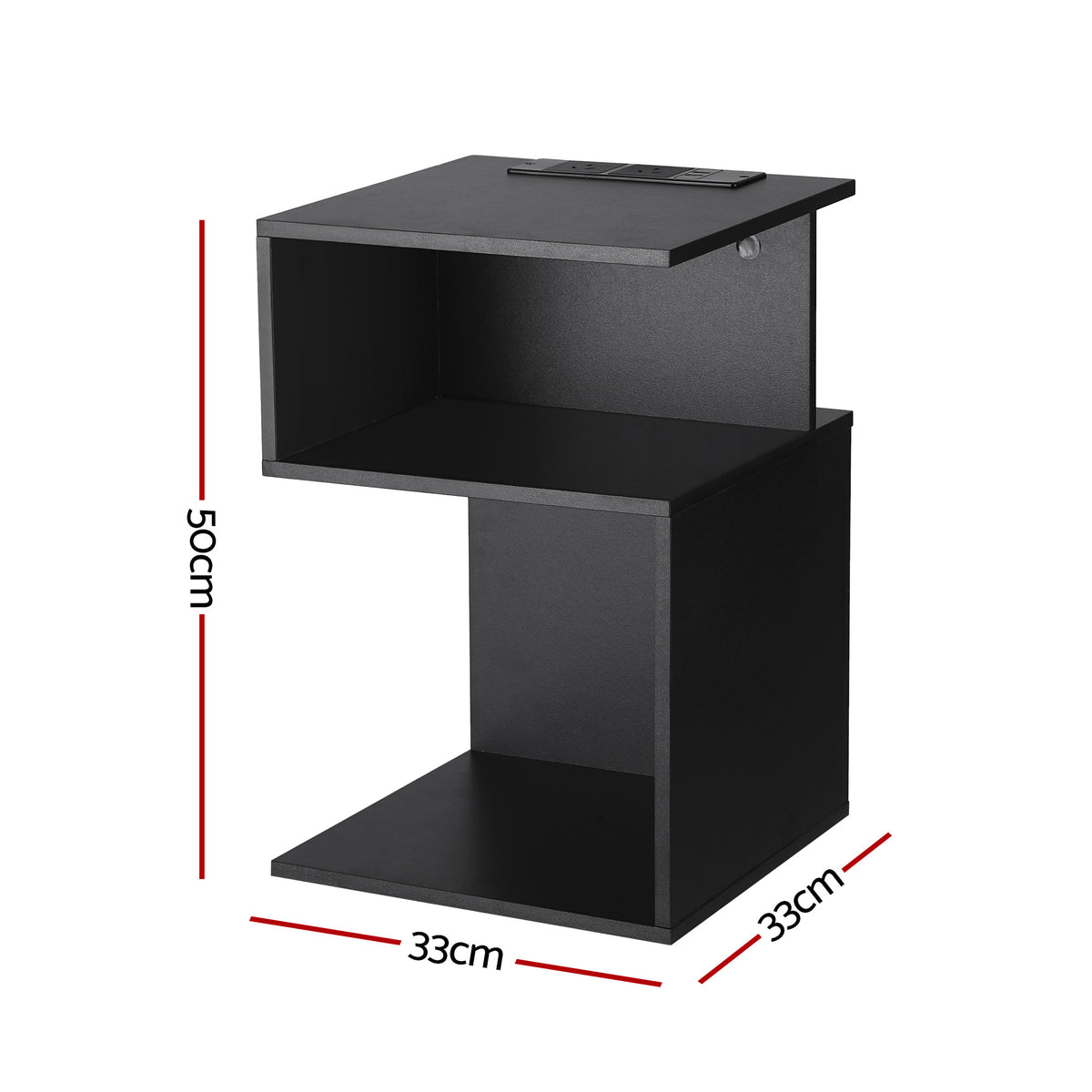 Bedside Table with 2 Shelves and S-Shaped Charging Station - Black