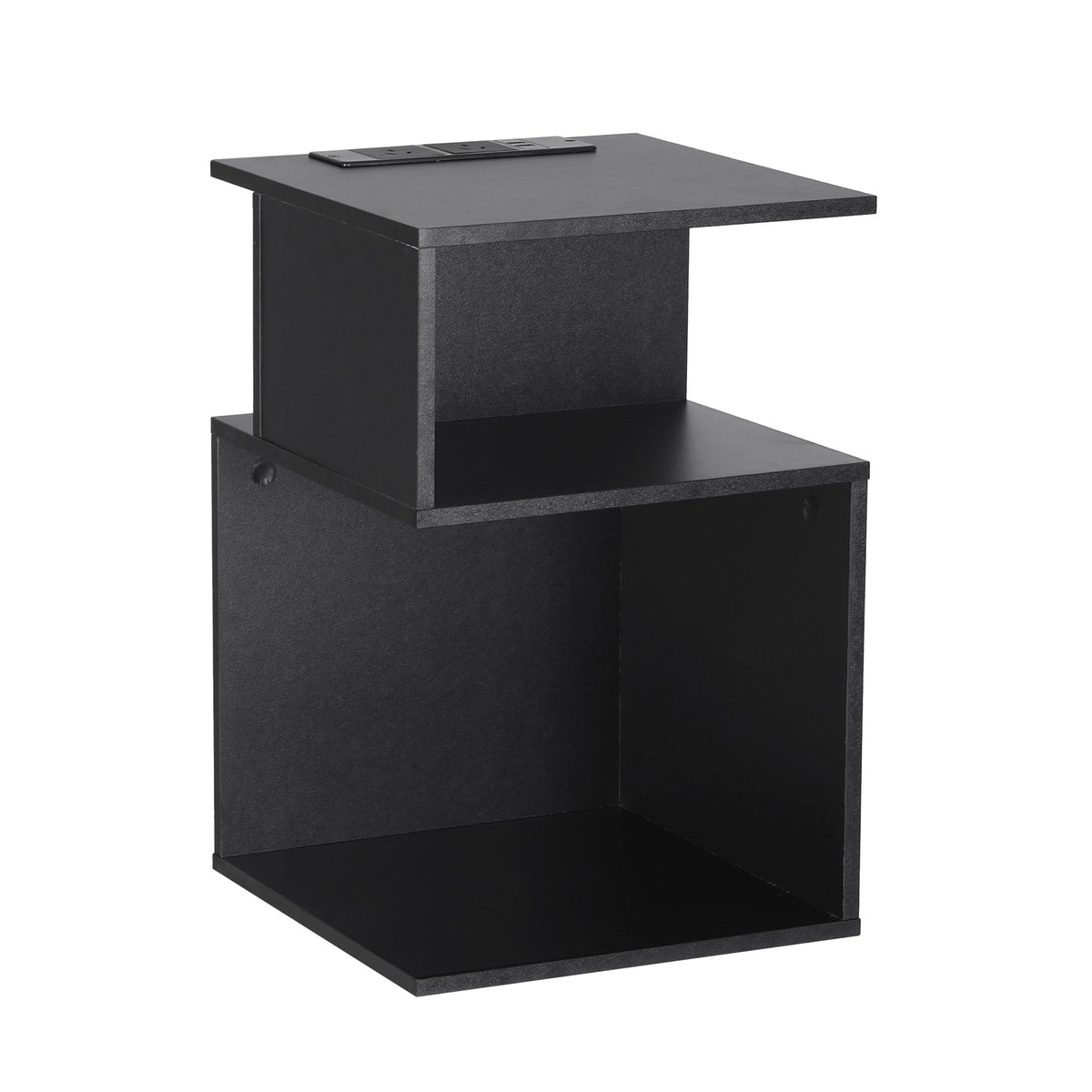 Bedside Table with 2 Shelves and S-Shaped Charging Station - Black