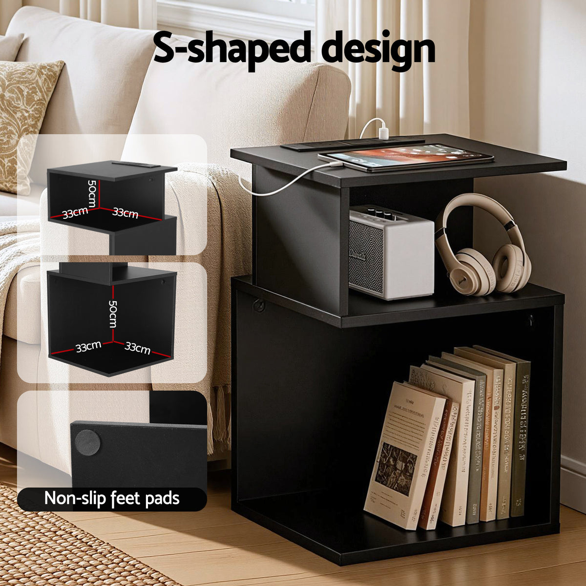 Bedside Table with 2 Shelves and S-Shaped Charging Station - Black