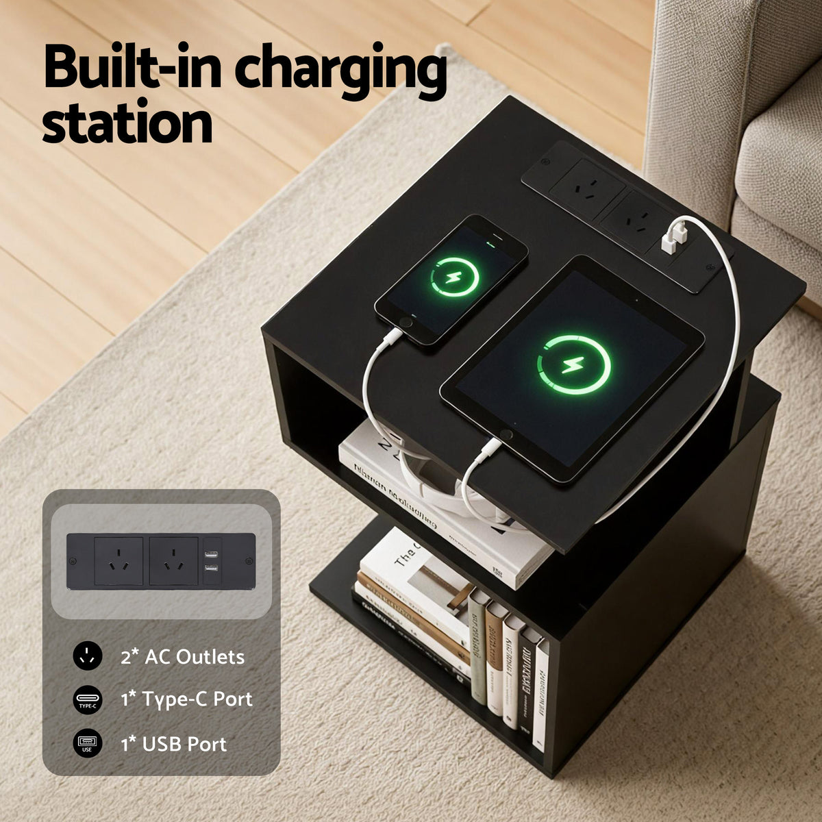 Bedside Table with 2 Shelves and S-Shaped Charging Station - Black