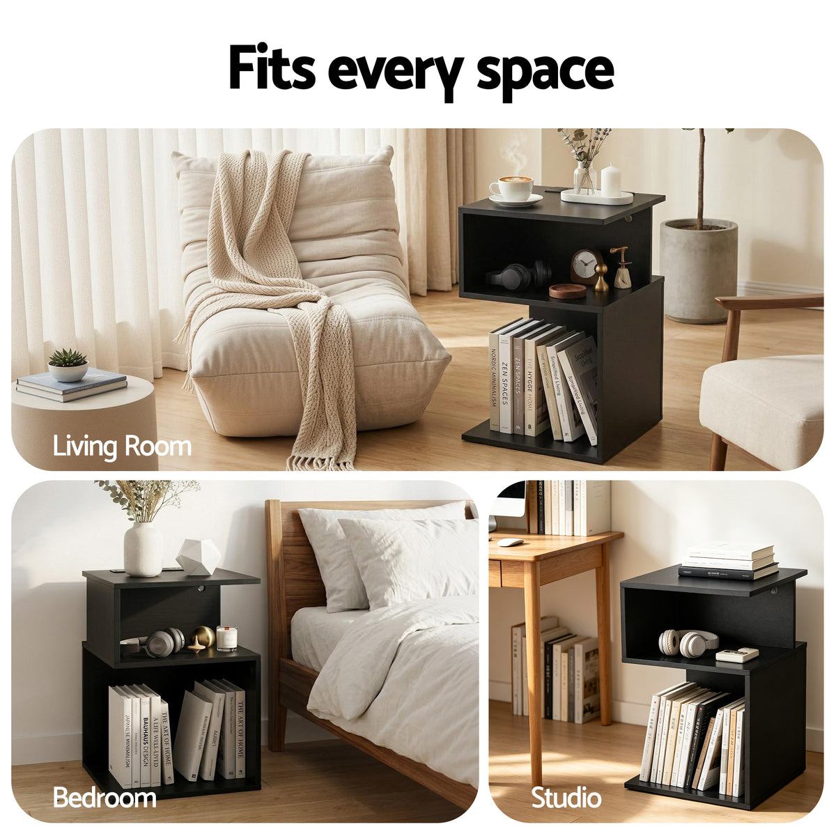 Bedside Table with 2 Shelves and S-Shaped Charging Station - Black