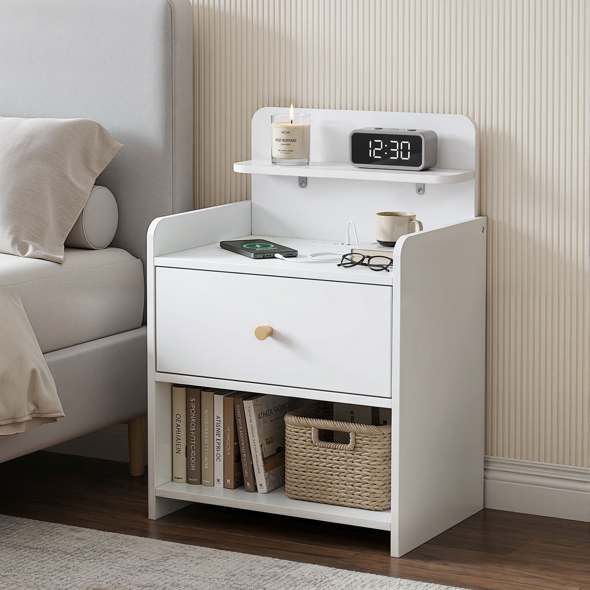 Bedside Table Drawer Charging Station White