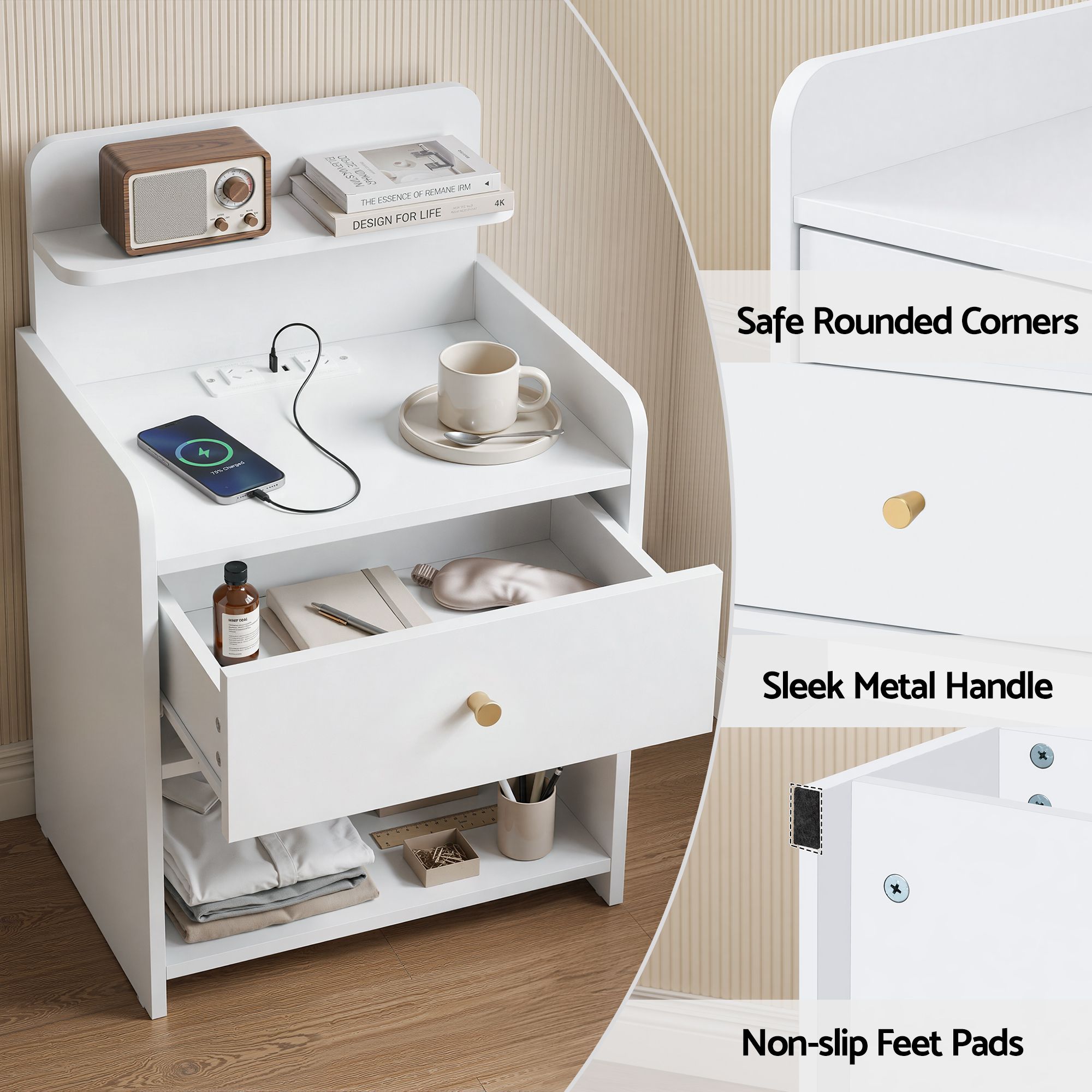 Bedside Table Drawer Charging Station White