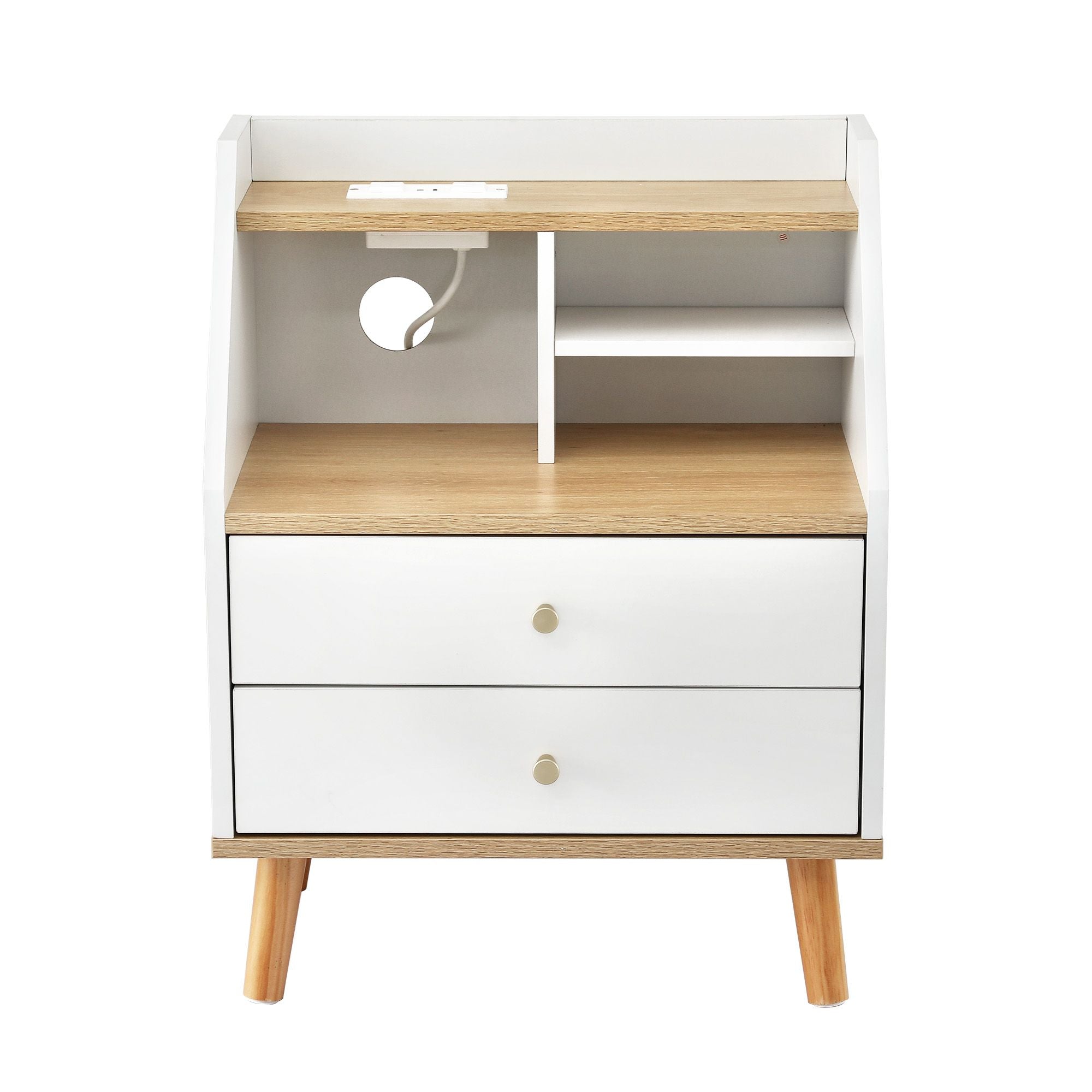 Bedside Table 2 Drawers Charging Station White and Pine